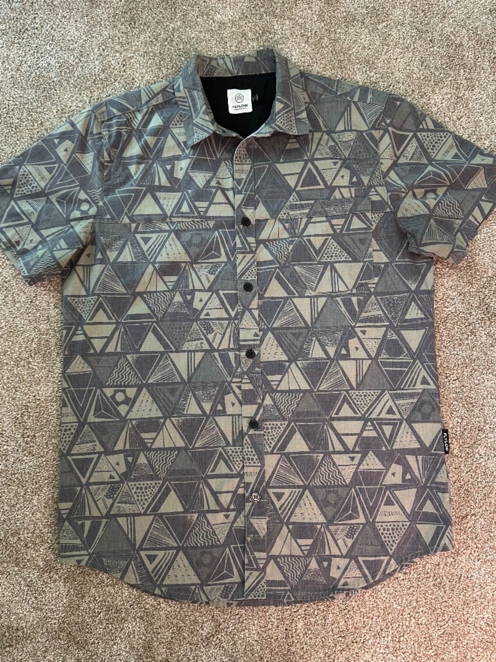Flylow Geometric Triangle Print Short Sleeve Button Up Shirt Gray Green Men's M